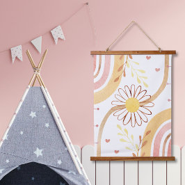 Wasserfarbe Abstrakt Botanische Blume und Regenbog Wandteppich Mit Holzrahmen