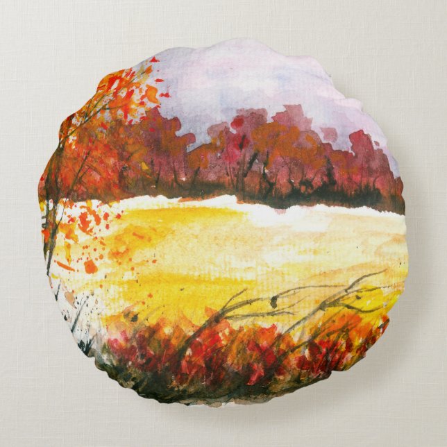 Wasserfarbe Abstrakt Landschaft Kunst, Dichtung un Rundes Kissen (Rückseite)