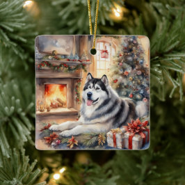 Wasserfarbe Alaskan Malamute - Xmas Szene Keramikornament