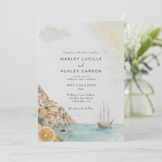 Wasserfarbe Amalfi Küste Italienische Sommerhochze Einladung (Stehend Vorderseite)