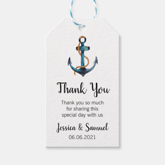 Wasserfarbe Anchor Nautical Wedding Vielen Dank Geschenkanhänger (Vorderseite)