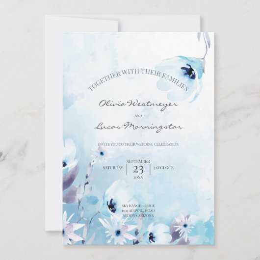 Wasserfarbe Anemone Blume Ice Blau Einladung (Vorderseite)