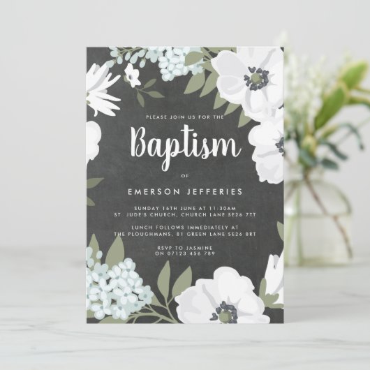 Wasserfarbe Anemone Halbpension Blaue Taufe Einladung (Stehend Vorderseite)