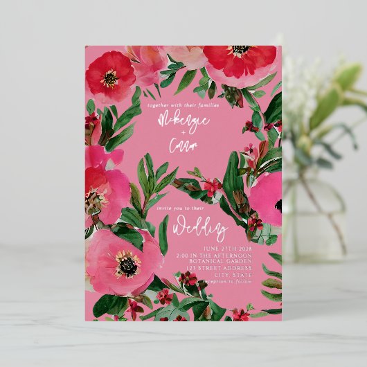 Wasserfarbe Anemone Rosa Hochzeit Folieneinladung (Stehend vorne)