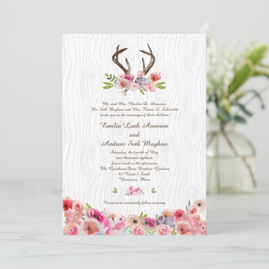 Wasserfarbe Antlers Wildblumen Imitats Bois Weddin Einladung (Stehend Vorderseite)