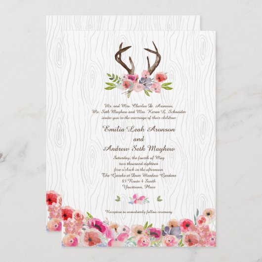 Wasserfarbe Antlers Wildblumen Imitats Bois Weddin Einladung (Vorne/Hinten)