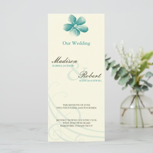 Wasserfarbe Aqua Hochzeitsprogrammkarte Programm (Stehend Vorderseite)