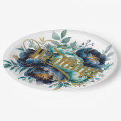 Wasserfarbe Aqua Navy Blauer Peony Floral Hochzeit Pappteller (Schrägansicht)