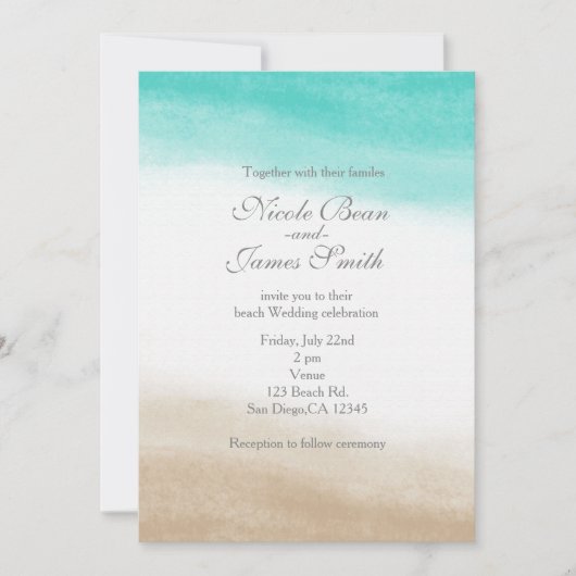 Wasserfarbe Aquamarin & Tan Eleganter Strand Hochz Einladung (Vorderseite)