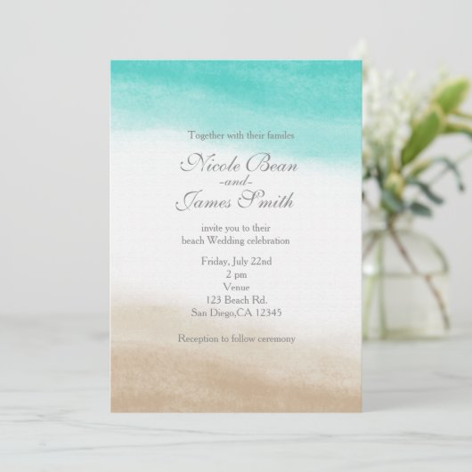 Wasserfarbe Aquamarin & Tan Eleganter Strand Hochz Einladung (Stehend Vorderseite)