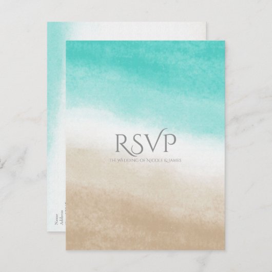 Wasserfarbe Aquamarin & Tan Eleganter Strand Hochz Einladungspostkarte (Vorne/Hinten)