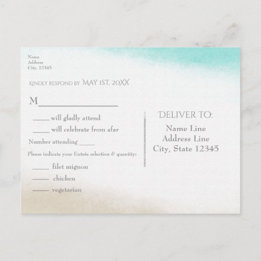 Wasserfarbe Aquamarin & Tan Eleganter Strand Hochz Einladungspostkarte (Rückseite)