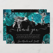 Wasserfarbe Aquamarin und Silberne Rose Hochzeit Dankeskarte (Vorne/Hinten)