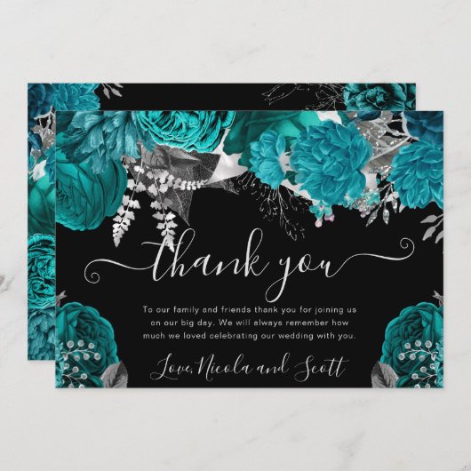 Wasserfarbe Aquamarin und Silberne Rose Hochzeit Dankeskarte (Vorne/Hinten)