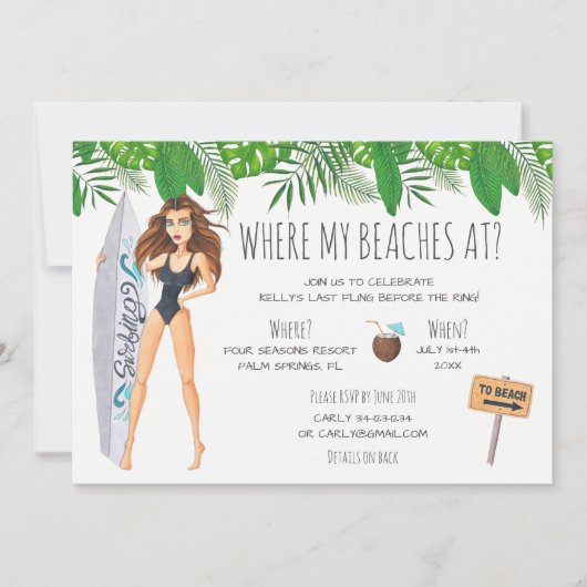 Wasserfarbe Bachelorette Surf Beach Party Einladung (Vorderseite)