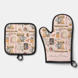 Wasserfarbe Backwerkzeuge Muster Rosa Ofenhandschuh & Topflappen-Set