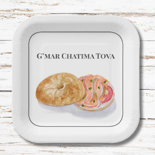 Wasserfarbe Bagels Smoke Salmon G’mar Chatima Tova Pappteller