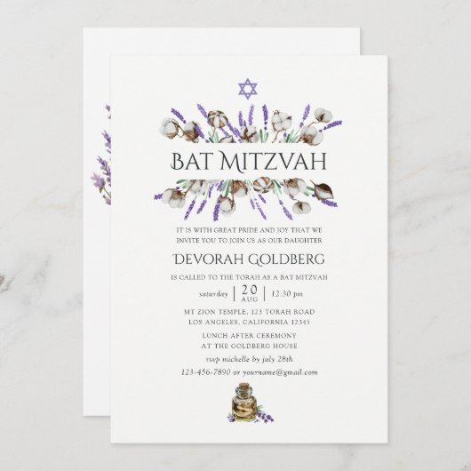 Wasserfarbe Baumwolle Lavender Bat Mitzvah Einladung (Vorne/Hinten)