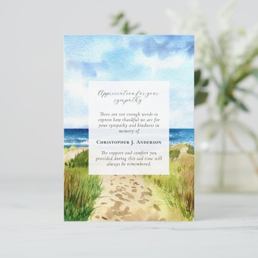 Wasserfarbe Beach Foto Beileid Beerdigung Gedenkst Dankeskarte (Stehend Vorderseite)