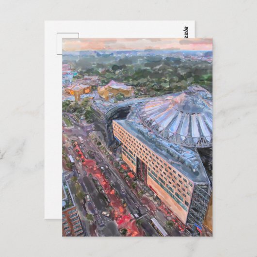 Wasserfarbe Berlin. Abend über Sony Center und Ti Postkarte (Vorne/Hinten)