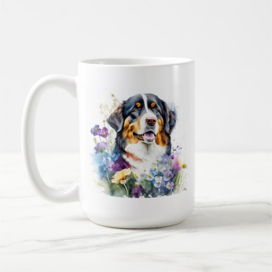 Wasserfarbe Bernener Hund mit Blume Kaffeetasse (Links)