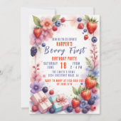 Wasserfarbe Berry Erstgeburtstag mit Sonne Einladung (Vorderseite)