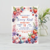 Wasserfarbe Berry Erstgeburtstag mit Sonne Einladung (Stehend Vorderseite)
