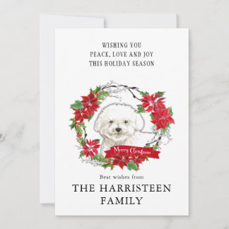 Wasserfarbe Bichon Frise Poinsettia Wreath Feiertagskarte