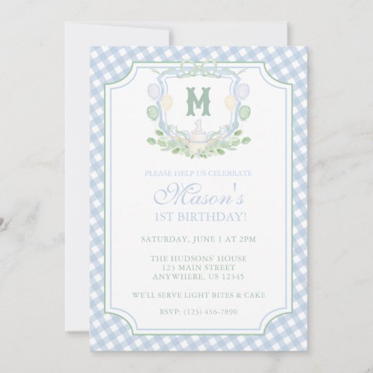 Wasserfarbe Blau 1. Geburtstag Monogramm-Wappen-Pa Einladung (Vorderseite)