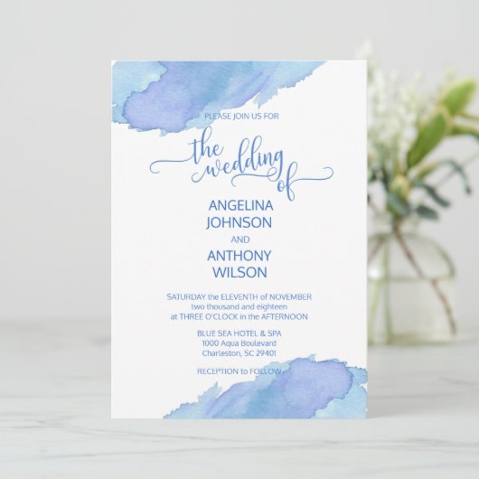 Wasserfarbe Blau Aquamarine Lila Hochzeitseinladun Einladung (Stehend Vorderseite)