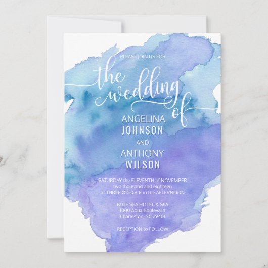 Wasserfarbe Blau Aquamarine Lila Hochzeitseinladun Einladung (Vorderseite)