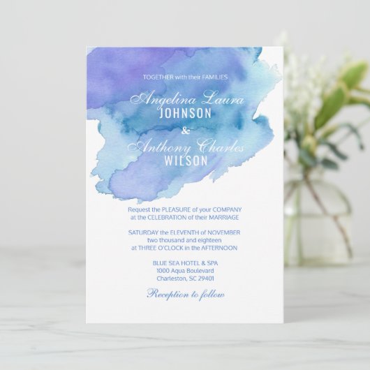 Wasserfarbe Blau Aquamarine Lila Hochzeitseinladun Einladung (Stehend Vorderseite)