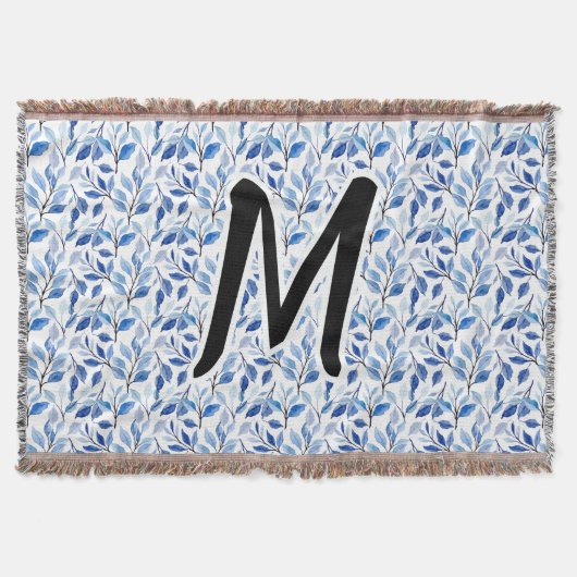 Wasserfarbe Blau Blatt Mosaik Feine Kunst Monogram Decke (Vorderseite)