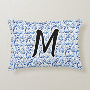 Wasserfarbe Blau Blatt Mosaik Feine Kunst Monogram Dekokissen