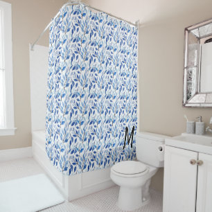 Wasserfarbe Blau Blatt Mosaik Feine Kunst Monogram Duschvorhang