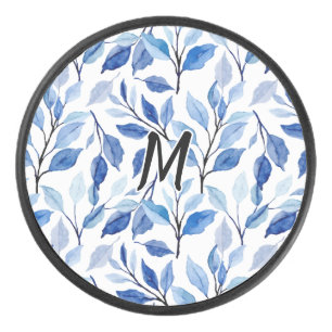 Wasserfarbe Blau Blatt Mosaik Feine Kunst Monogram Eishockey Puck