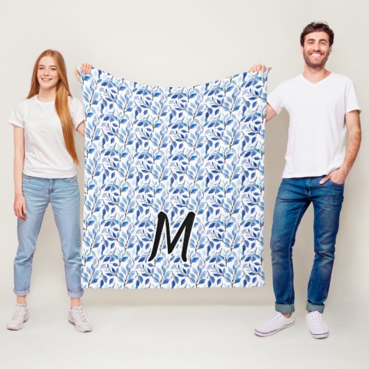 Wasserfarbe Blau Blatt Mosaik Feine Kunst Monogram Fleecedecke (Beispiel)