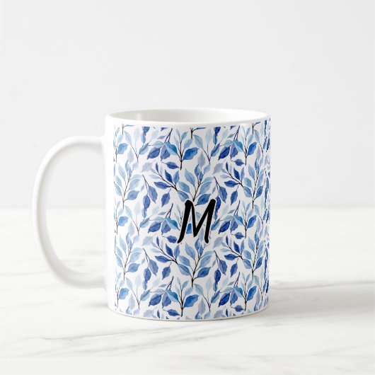 Wasserfarbe Blau Blatt Mosaik Feine Kunst Monogram Kaffeetasse (Links)