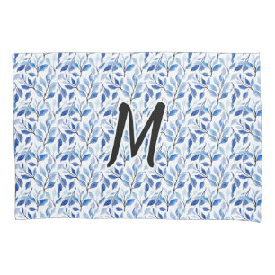 Wasserfarbe Blau Blatt Mosaik Feine Kunst Monogram Kissenbezug