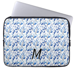 Wasserfarbe Blau Blatt Mosaik Feine Kunst Monogram Laptopschutzhülle