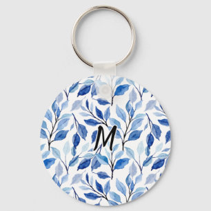 Wasserfarbe Blau Blatt Mosaik Feine Kunst Monogram Schlüsselanhänger