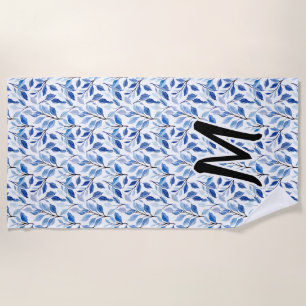 Wasserfarbe Blau Blatt Mosaik Feine Kunst Monogram Strandtuch