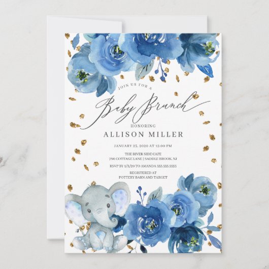 Wasserfarbe Blau Blume Elephant Baby Dusche Brunch Einladung (Vorderseite)