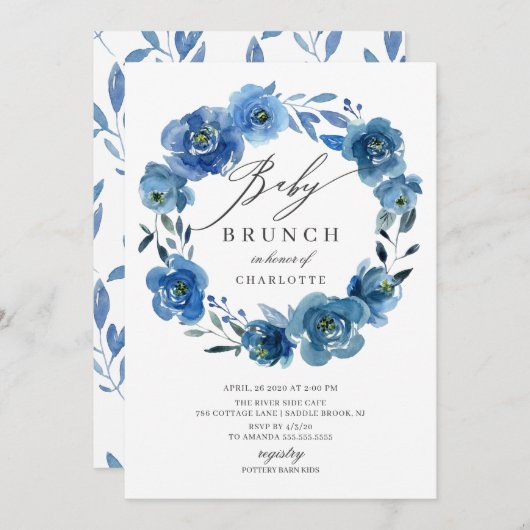 Wasserfarbe Blau Blumen Babydusche Brunch Einladung (Vorne/Hinten)