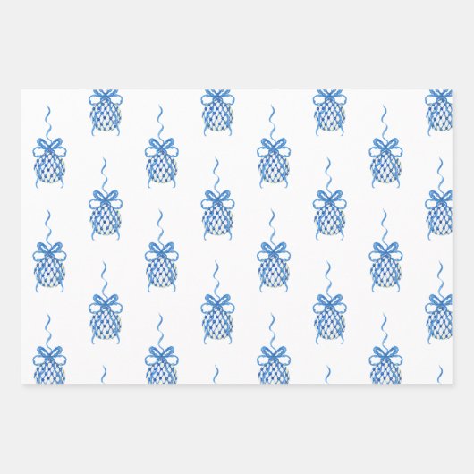 Wasserfarbe Blau Chinoiserie Ornamente Geschenkpapier Set (Vorderseite 3)