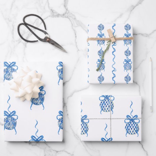 Wasserfarbe Blau Chinoiserie Ornamente Geschenkpapier Set (Vorderseite)