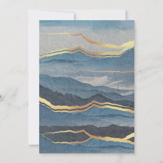 Wasserfarbe Blau Gold Landschaft Einladung Hochzei (Rückseite)