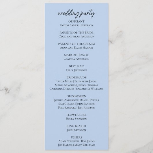 Wasserfarbe Blau Hydrangea Weißrosen Hochzeit Programm (Rückseite)