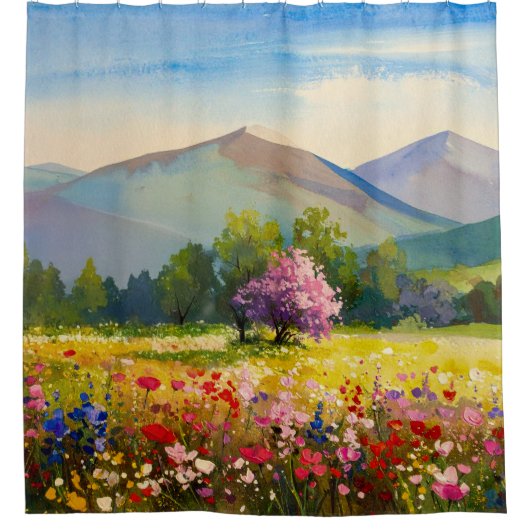 Wasserfarbe Blau Lila Gebirgslandschaft Wildwasser Duschvorhang (Vorderseite)