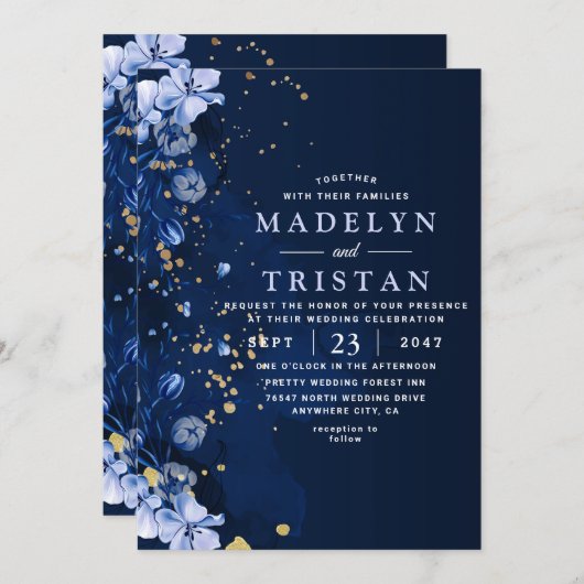 Wasserfarbe Blau Minimalistische rustikale Blumenh Einladung (Vorne/Hinten)